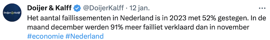 Tweet gestegen faillissementen in Nederland